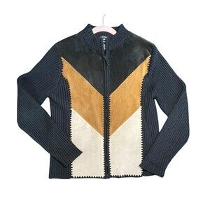 Designers Studio Originals Jacket Women's M Brown  Knit Patchwork 70s Retro Boho